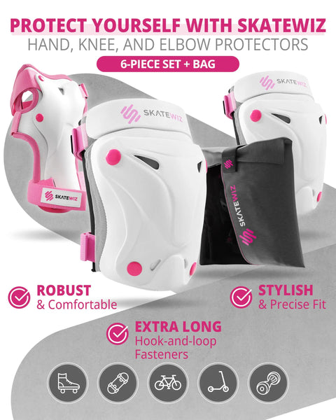 Knee And Elbow Pads For Adults Pink White Protective Gear PROTECT 1 With Wrist Guards For Skateboard Roller Skates Ice Skates