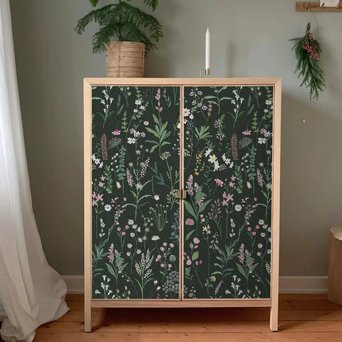 Cabinet with Floral Peel And Stick Vinyl Wallpaper For Kitchen Cabinets And Furniture, Renter Friendly DIY Wall Covering, 17.3 Inches Wide By 236.2 Inches Long Roll, Covers 28.4 Sq Ft, Easy Pattern Repeat Match, PVC Material on dark background