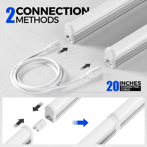 Two connection methods for Six Pack One Foot T5 LED Linkable Light Fixtures With 600 Lumen Output 6500K Cool White Dope Bright Under Cabinet