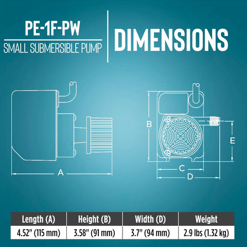 Technical dimensions diagram of Submersible Direct Drive Fountain Pump 115V 170 GPH 1/125 HP with size and weight details.