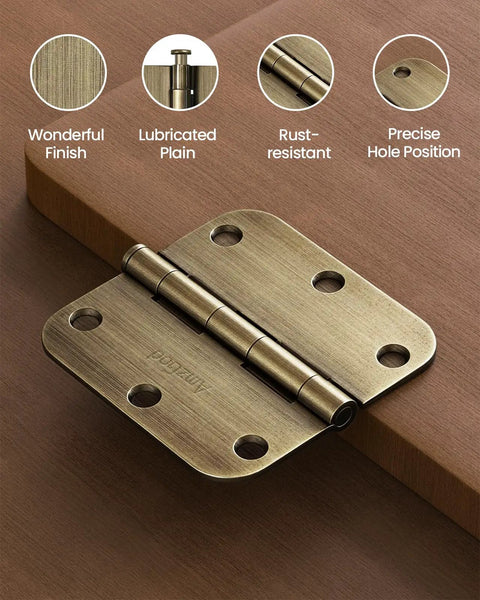 Antique Brass Interior Door Hinges 3 1/2 Inch With 5/8 Inch Radius, 18 Pack Built To Last Heavy Duty Residential Door Hardware, 6 Holes Each, Rounded Corners, Fits Most Interior Doors, shown uninstalled on a wooden surface highlighting hinge details.