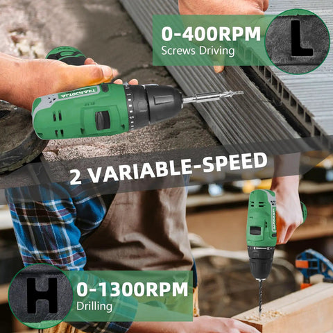Cordless 12V Max Power Drill With 3/8 Inch Keyless Chuck in use, showcasing variable speed for drilling and screws driving, LED light visible