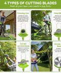 Cordless Weed Wacker With Blade 24V Power 880W Copper Motor Two 4Ah Batteries showing 4 cutting blade types and uses.