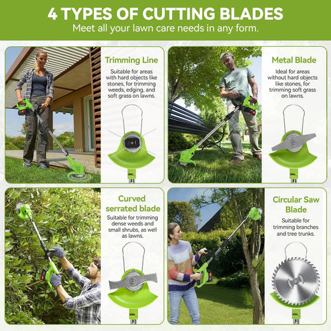 Four cutting blades for Beast Cordless Weed Wacker With Wheels 24V Battery Powered Weed Eater 3 In 1 Electric Grass Trimmer displayed.