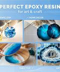 Epoxy resin kit, 1 gal, crystal clear; 4 blue resin art pieces: pendant, coasters, tabletop inlay, geode art