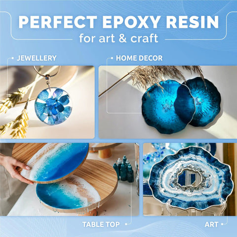 Crystal Clear Epoxy Resin Kit 34 Oz For DIYers Art Wood Jewelry Coasters Molds Self Leveling Low Viscosity Food Safe UV Resistant Pro Grade Ready For Beginners And Pros showcased with various art applications.