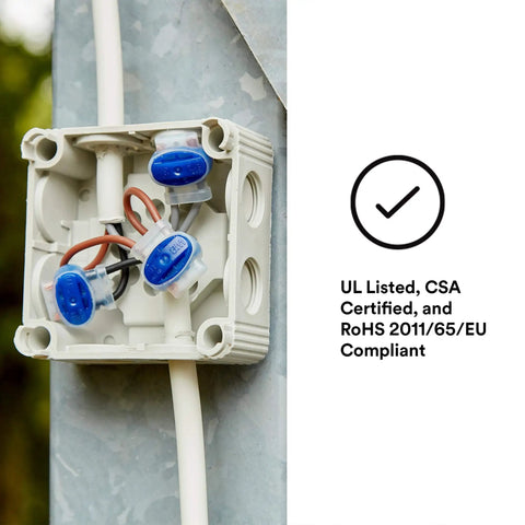 Blue Insulation Displacement Connector For 2 Or 3 Wires Pigtail Self Stripping And Moisture Resistant 22 To 14 AWG in junction box