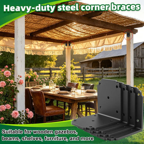 Eight Pack Heavy Duty Right Angle Brackets For Shelves And Furniture in a rustic outdoor setting with wooden gazebo.