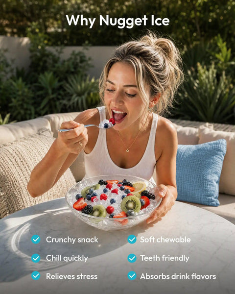 Woman enjoying a bowl of fruit with nugget ice; Grab And Go Countertop Nugget Ice Maker Churning Crisp Sonic Pellet Chips Up To Forty Pounds Daily, Four Minute Rapid Freeze, Sturdy Carry Handle, Total Game Changer For Lazy Sundays And Backyard Kickbacks.