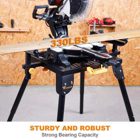 Universal Miter Saw Stand With Grid Tabletop for Accurate Cuts 300 Pound Load Capacity shop ready in workshop setting