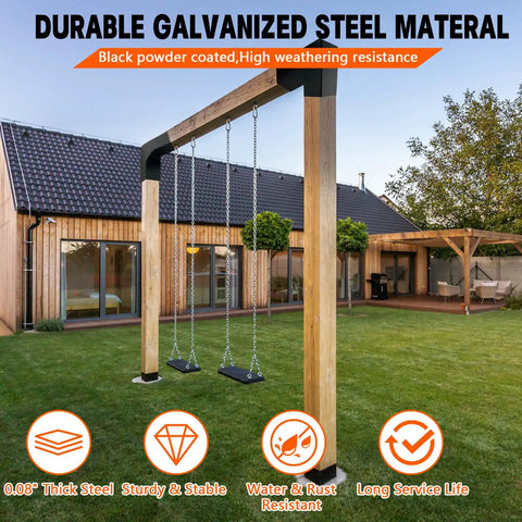 Beefy 2 Way L Shaped Pergola Corner Bracket DIY Kit For 4x4 Lumber Actual 3.5 By 3.5 Inches Outdoor Porch Or Log Cabin With Hardware 4 Pack Heavy Duty Galvanized Steel supporting a swing set, installed in a backyard