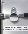 Two And Seven Eighths Inch Beefed Up Heavy Duty Solid Steel Padlock With Hidden Shackle Hardened Reinforced Shackle For Superior Cut Resistance Chrome Finish 6 Pin Tumbler Cylinder Removable Brass Core Four Piece Set on RV trailer