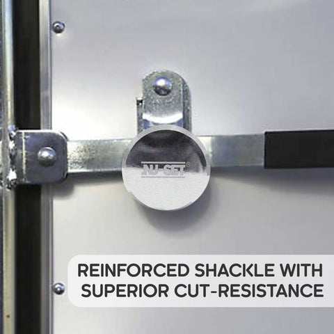 Two And Seven Eighths Inch Beefed Up Heavy Duty Solid Steel Padlock With Hidden Shackle Hardened Reinforced Shackle For Superior Cut Resistance Chrome Finish 6 Pin Tumbler Cylinder Removable Brass Core Four Piece Set on RV trailer