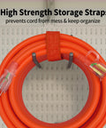 100 Ft 12/3 Outdoor Extension Cord Waterproof Heavy Duty With Lighted End coiled neatly with storage strap on display.