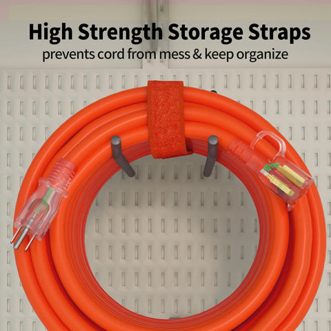 Coiled Outdoor 200 Ft Extension Cord 12 Gauge 3 Prong Heavy Duty Waterproof SJTW with lighted end and storage strap
