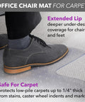 Clear Carpet Office Chair Mat With Extended Lip 36x48 Inches For Easy Glide Protect Your Carpeted Floors From Rolling Desk Chair Anti Skid Top Surface With Gripping Underneath, shown with a shoe on its surface.