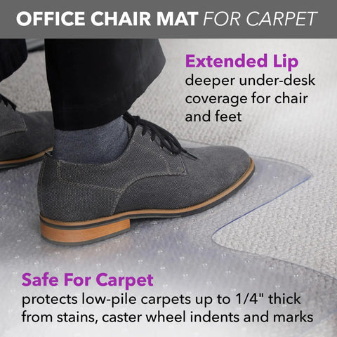 Clear Carpet Office Chair Mat With Extended Lip 36x48 Inches For Easy Glide Protect Your Carpeted Floors From Rolling Desk Chair Anti Skid Top Surface With Gripping Underneath, shown with a shoe on its surface.