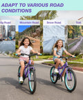 Girls riding 20 Inch Mountain Bike with Front Suspension for Ages 6 to 14, showing versatility on various roads