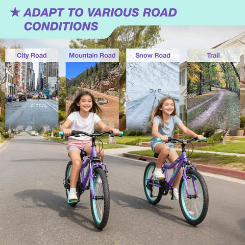 Girls riding 20 Inch Mountain Bike with Front Suspension for Ages 6 to 14, showing versatility on various roads