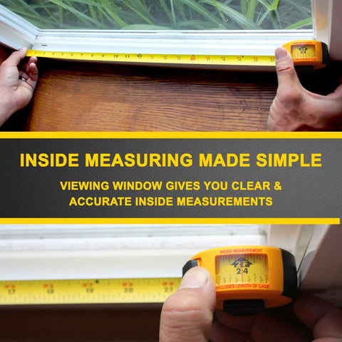 Person using Yellow 10 Ft Steel Tape Measure With Easy To Read Fractional Markings In Feet And Inches A Handy Tool For Measuring Windows Doors And Cabinets Inside And Outside Measurements on window frame
