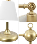 Gold 31 Inch Two Light Contemporary Farmhouse Iron Table Lamp details, featuring adjustable arm and white linen shades