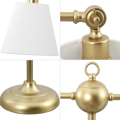 Gold 31 Inch Two Light Contemporary Farmhouse Iron Table Lamp details, featuring adjustable arm and white linen shades