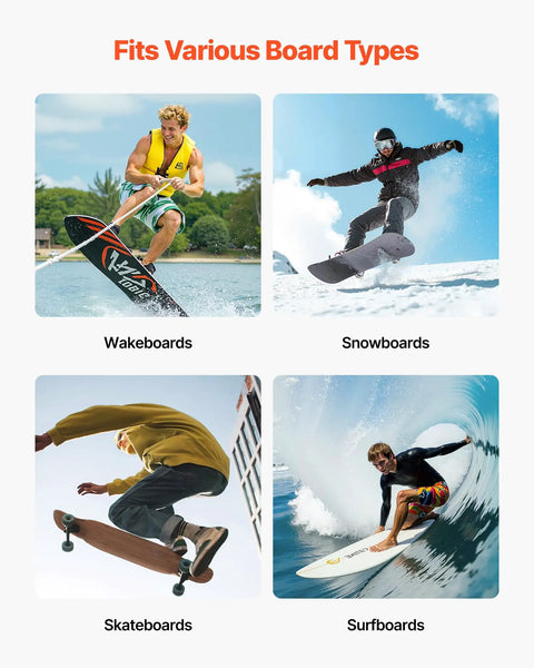 Keep Your Sick Gear Organized With This Heavy Duty Surfboard Wall Mount Vertical Paddle Board Rack Featuring Hella Secure Rubber Padding For Effortless Garage Storage And Zero Clutter Vibes, showing wakeboards, snowboards, skateboards, and surfboards.