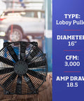 High Performance Flex-Wave LoBoy Electric Puller Fan With 16 Inch Blades Generating Massive 3000 Cfm Airflow for superior engine cooling