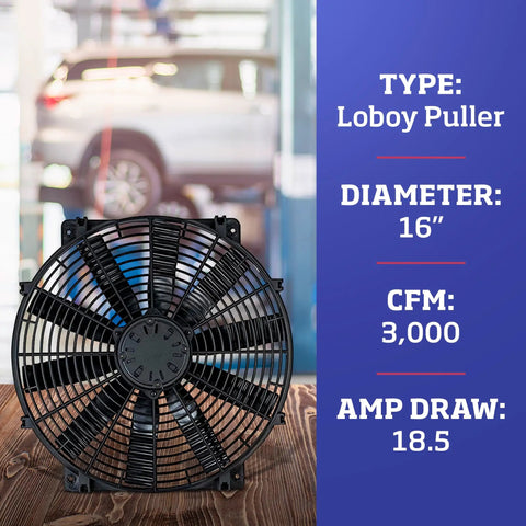 High Performance Flex-Wave LoBoy Electric Puller Fan With 16 Inch Blades Generating Massive 3000 Cfm Airflow for superior engine cooling