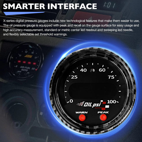 Front view of 52mm X-Series oil pressure gauge with black bezel, digital display, and wiring harness