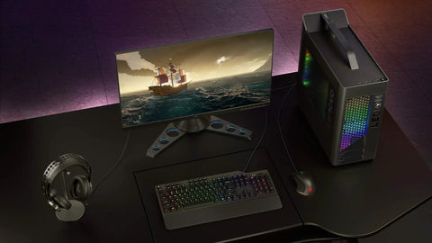 Full Size Mechanical Gaming Keyboard Featuring Top Tier Rgb Lighting And Snappy Red Switches setup with monitor and gaming headset.