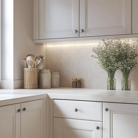 White kitchen cabinets with Vintage Pewter Kitchen Cabinet Knobs Set 25 Pack One And A Quarter Inch Ring Style Drawer Knobs For Dresser Cabinets Antique Pulls To Upgrade Your Home Decor Dope Hardware installed, featuring a modern countertop and decorative jars.