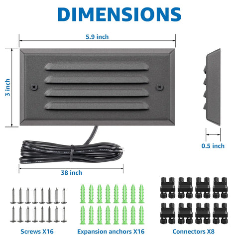 Low Voltage Step Lights For Outdoor Stairs And Fences, 5W LED Landscape Lighting With Horizontal Louver Faceplate, 12V ETL Listed, Three Point Two Foot Wire, Fastlock2 Connectors Included, Eight Pack dimensions with accessories