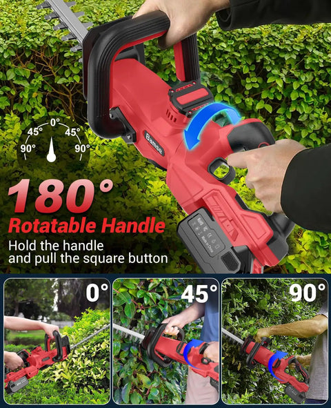 Cordless Hedge Trimmer 21V With 4000mAh Battery, 14 Inch Dual Action Blades, 180 Degree Adjustable Head in action