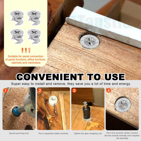 Three In One Furniture Connecting Hardware Kit With Cam Locks And Dowels, 270 Pcs Featuring Installation Steps