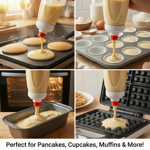 Two Pack Pancake Batter Dispenser Bottles, 1000ml Capacity being used for mess free pouring in various molds and cookware
