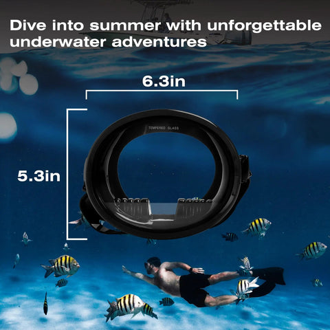 Diving Mask For Scuba Snorkeling And Freediving With Anti Fog Tempered Glass HD Wide View Lens and size dimensions in ocean.