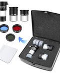 Complete Telescope Eyepiece Set For Beginners With 6mm Plossl And 15mm Kellner Eyepieces, 2X Barlow Lens, filters, and case