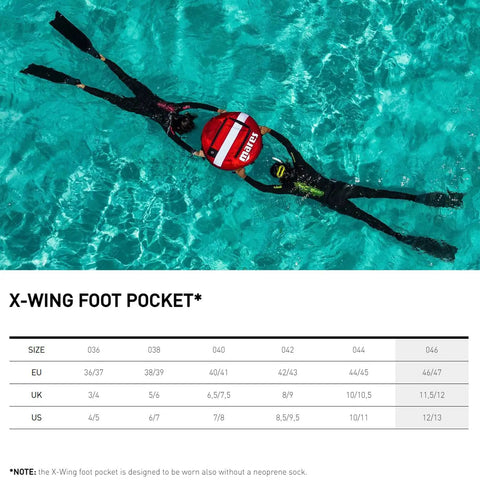 X Wing Pro Freediving Fins For Spearfishing And Free Diving, Medium Hard Elastomer Blade Flippers, swimmer in clear water.