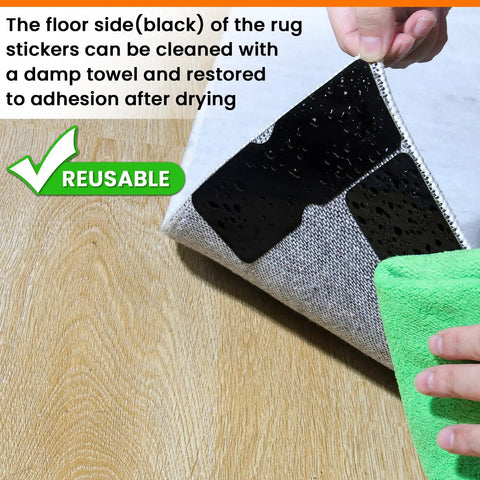 Non Slip Rug Grippers Tape Pads For Hardwood Floors And Tile No Residue Reusable Corner Grippers Keep Rugs Flat And Secure Area Rugs 12 Pack Ideal For Laminate Flooring No Curl Edges Stay Put on wood floor with green cloth