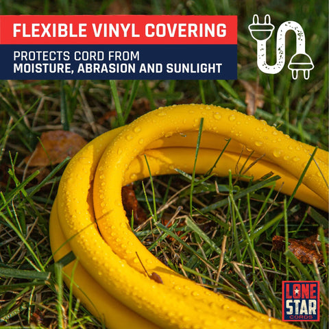 Close-up of yellow 10 Gauge Heavy Duty Outdoor Extension Cord With Lighted Plug 50 Foot Length Weatherproof Contractor Grade