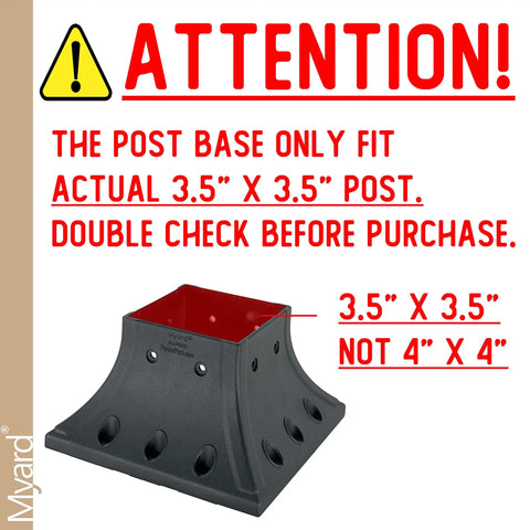 Beefy Aluminum Deck Post Base Cover Flange With Screws For 4x4 Posts Fits 3.5x3.5 Actual Black with size note and warning