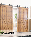 Black Rustic Single Track Bypass Sliding Barn Door Hardware Kit For Four Doors 10 Foot Flat Track With Spoke Wheel Rollers