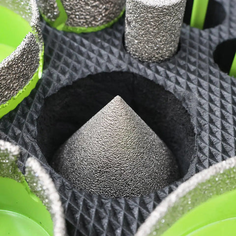 Porcelain Tile Diamond Core Drill Bit Set And Hole Saw Kit, close-up of diamond bevel bit and cutters in packaging