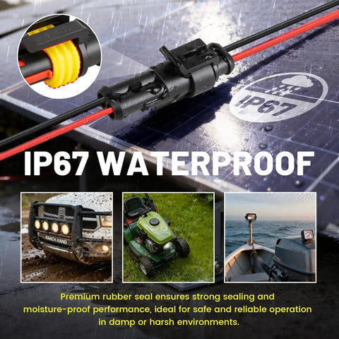 2 Pin Waterproof 16 AWG Automotive Wire Heavy Duty Connector Kit With Snap Lock Seal for cars and boats on IP67 rating display