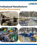 Industrial manufacturing facility with machinery, warehouse space, and workers in a production line setting.