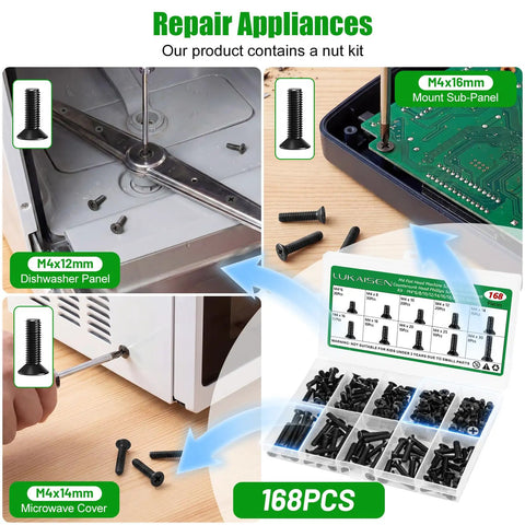 Pro Grade M4 Flat Head Machine Screws Black 168 Piece Heavy Duty Kit used for dishwasher and microwave repairs.