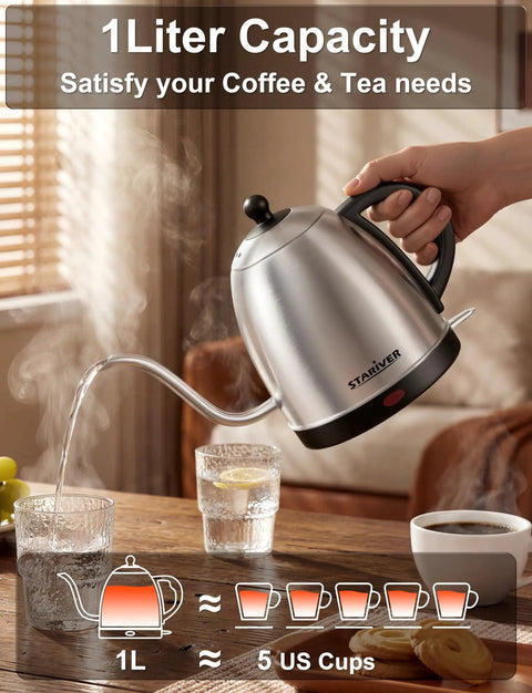 Gooseneck Electric Kettle 1L Stainless Steel Pour Over Teapot For Coffee And Tea BPA Free Fast Heating Auto Shut Off