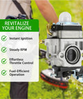 All In One 2 Stroke Carburetor Kit Replacement For 43cc 47cc 49cc 50cc 52cc Engines with fuel line and primer bulbs visible