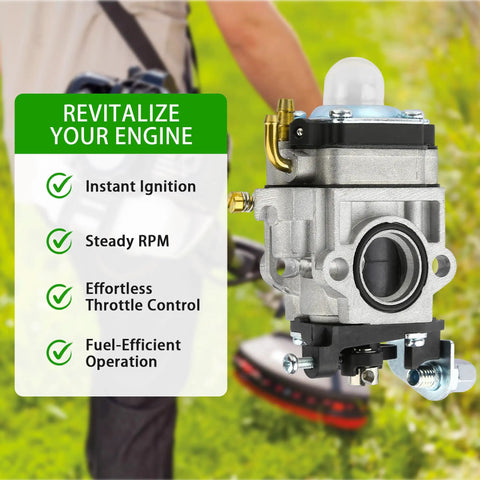 All In One 2 Stroke Carburetor Kit Replacement For 43cc 47cc 49cc 50cc 52cc Engines with fuel line and primer bulbs visible